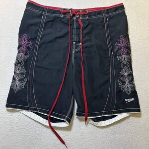 Speedo Mens Board Shorts Size 38 Black Red Tribal Embroidery Swim Beachwear Y2K